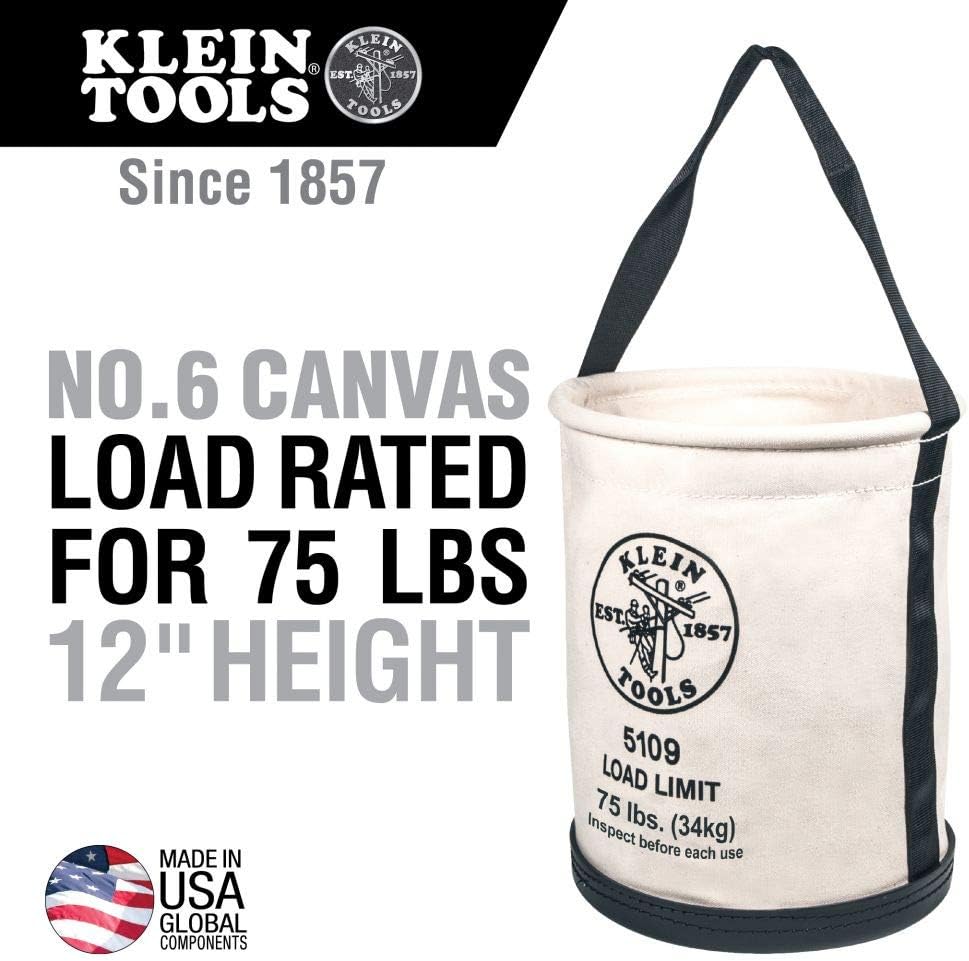 Klein Tools Canvas Bucket with Molded Bottom Holds 75-Pound Load and Klein Tools 1-1/16-Inch Broad-Head Bull Pin Forged from Heat-Treated Steel