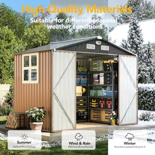 8x6FT Outdoor Storage Shed, Tool Shed with Sloping Roof and Lockable Door, Galvanized Metal Shed for Backyard Garden Patio Lawn, Brown1
