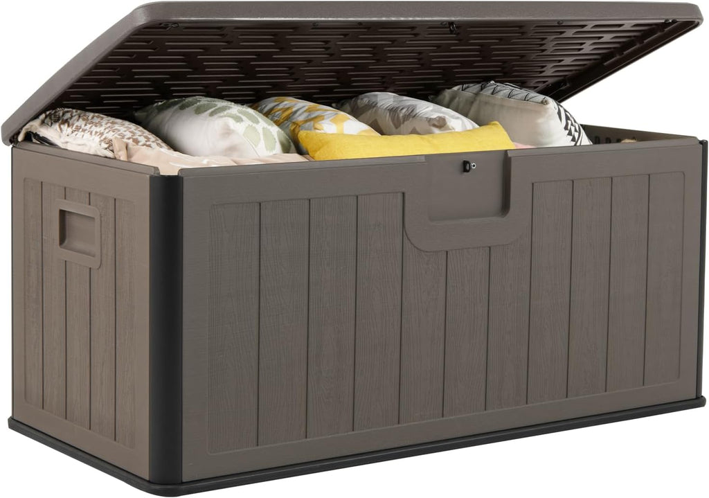 GIANTEX 100 Gallon Deck Box, Waterproof Resin Box with Lockable Lid, 440Lbs Outdoor HDPE Storage Container Bench for Patio Furniture Cushions, Pool Tools & Garden Accessories (Brown)