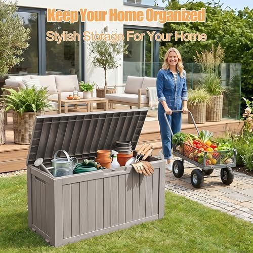 Outdoor Storage Box,Waterproof 100 Gallon Resin Deck Box With Wheels