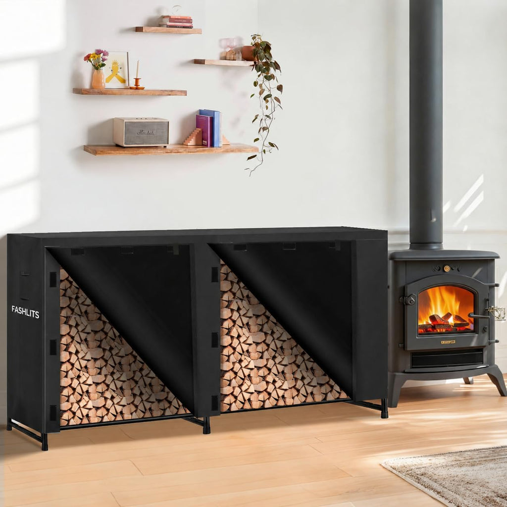 8ft firewood rack cover, waterproof heavy duty 600d shown in use