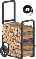 Easy-Assembly Firewood Cart, Rolling Log Carrier for Outdoor & Indoor Use, Wood Rack Storage Mover for Fireplace & Fire Pit, Heavy-Duty Steel Log Dolly Hauler with Rubber Wheels, Black