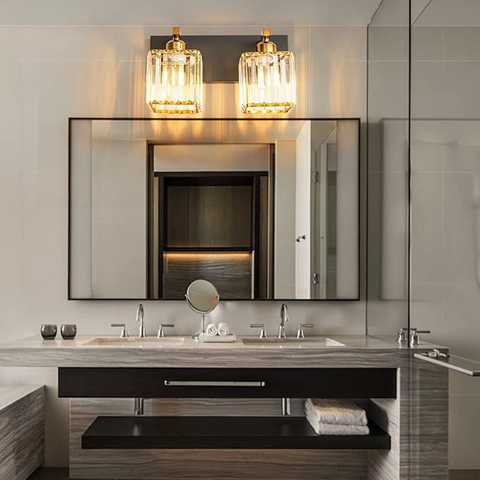 FDPBY Modern Bathroom Vanity Light 2-Lights Black Gold Crystal Bathroom Wall