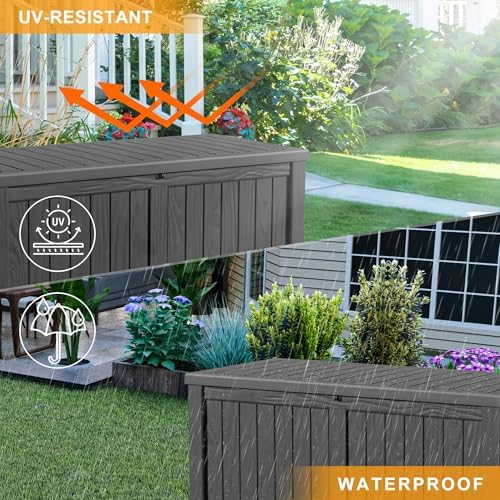 ROJIK 150 Gallon Deck Box Outdoor, Waterproof Outdoor Storage Boxes with Lids, Outside Resin Lockable Storage Box for Patio Cushions, Garden Tools(Black)