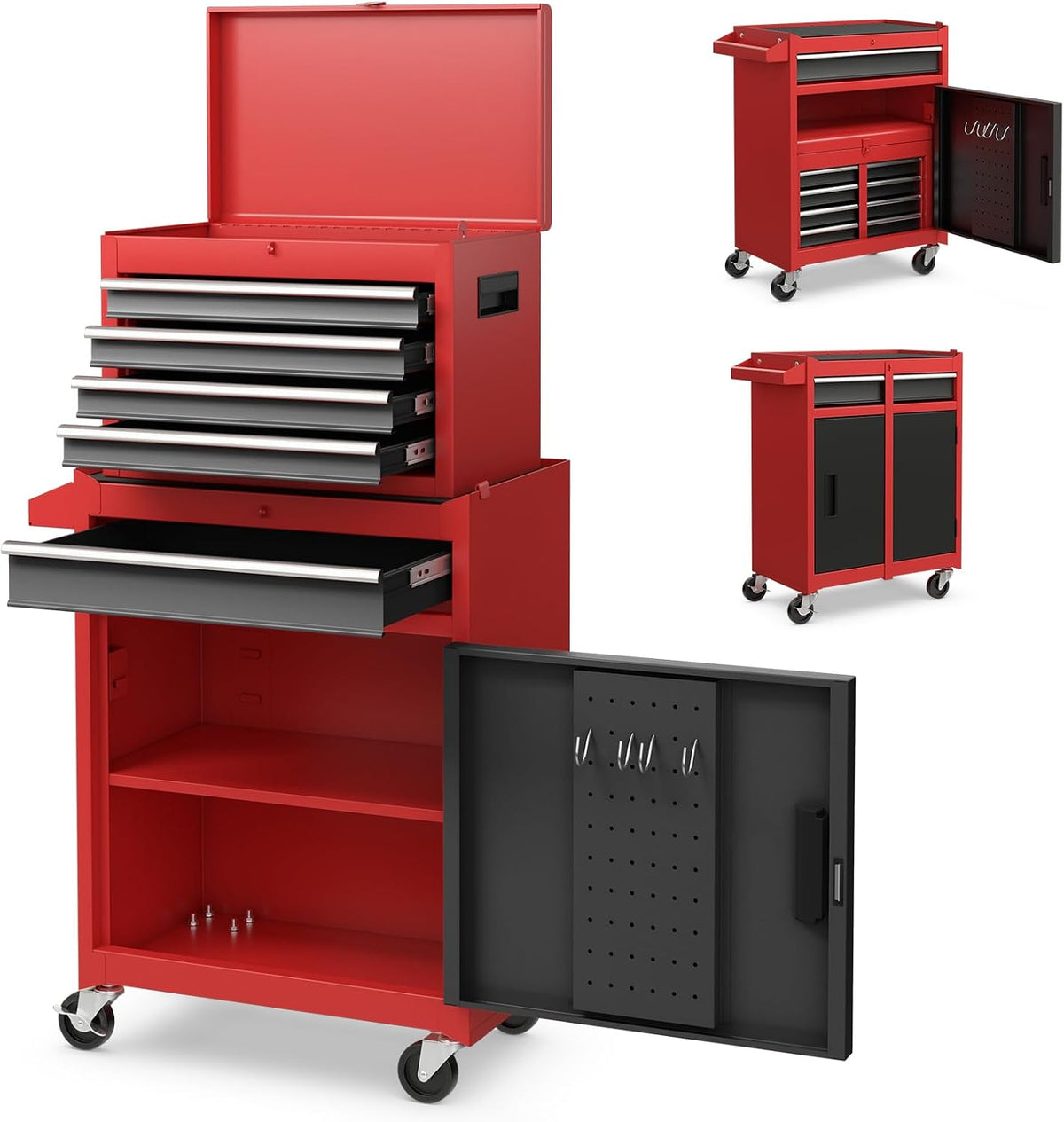 TANGZON Rolling Tool Chest Combo, Heavy Duty Lockable Tool Cabinet with Wheels, 5 Drawers, Adjustable Shelf, Hooks & Side Handle, 2-In-1 Detachable Tool Cart Trolley for Workshop Garage (Black+Red)