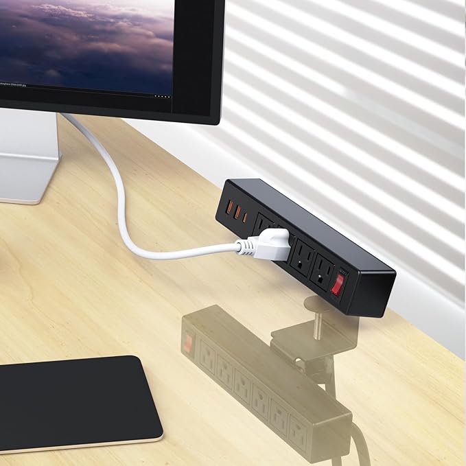 Dual Layer Desk Clamp Power Strip Surge Protector, Under Desk Power Strip