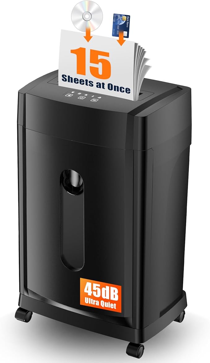 KRT Ultra-Quiet Paper Shredder 38dB, 30 Min Run Time, 15 Sheet Cross-Cut