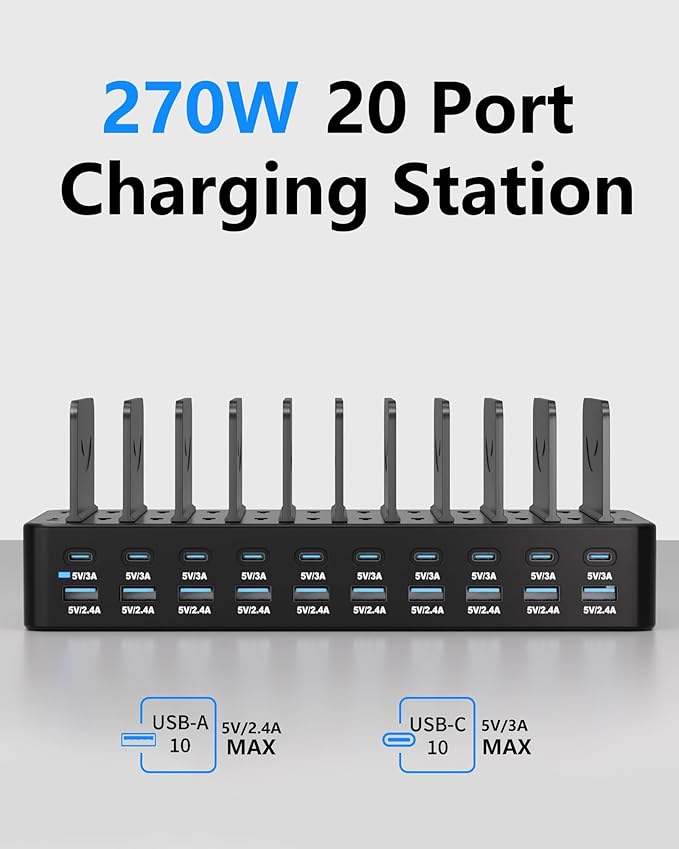 270W Charging Station for Multiple Devices, 20-Port USB Fast Charging Station