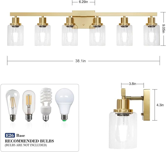 DIKAIDA 6 Light Gold Bathroom Vanity Light, Bathroom Light Fixtures