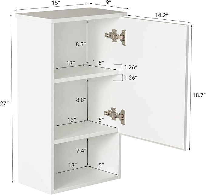 Bathroom Wall Cabinet with Single Door, Soft-Close Hinges, 15x27 inch Wooden