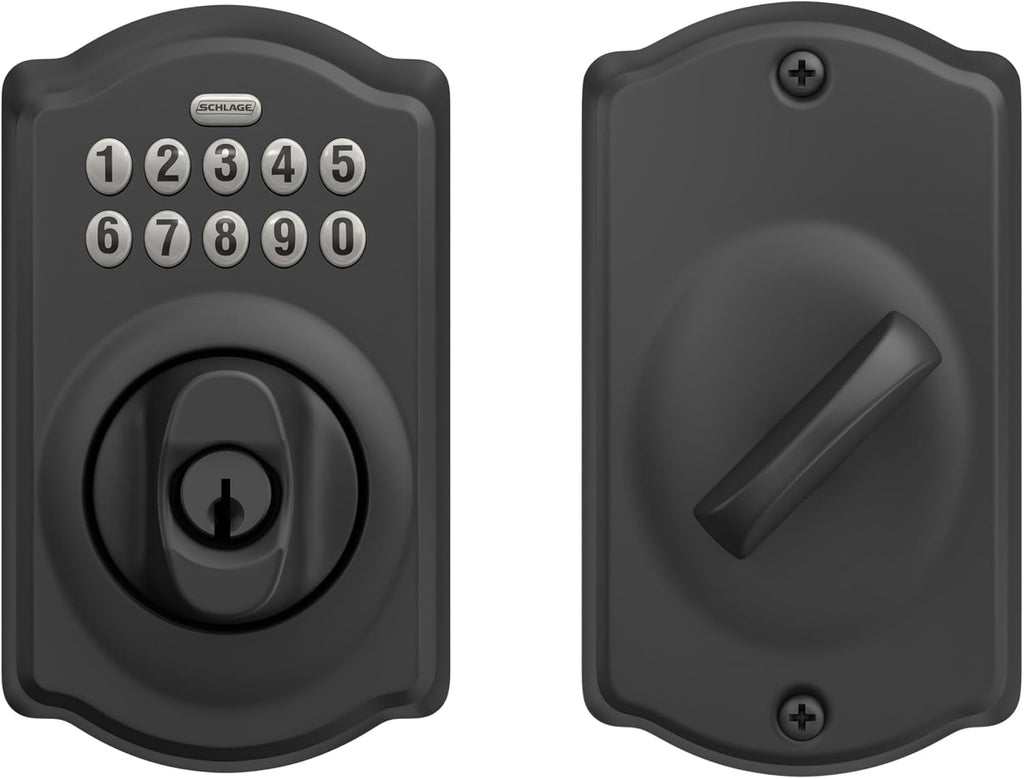 Schlage Electronic Keypad Deadbolt Lock, Camelot Trim, Matte Black