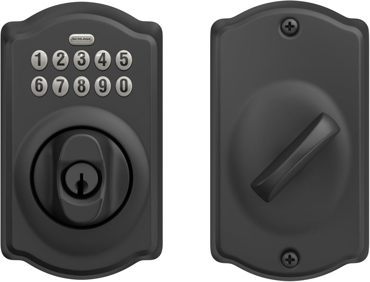 Schlage Electronic Keypad Deadbolt Lock, Camelot Trim, Matte Black