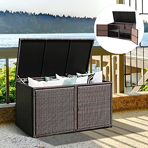 DORTALA 88 Gallon Deck Box Organizer, Wicker Large Indoor Outdoor Storage Container Cabinet for Patio Furniture Cushions Garden Tools, Brown