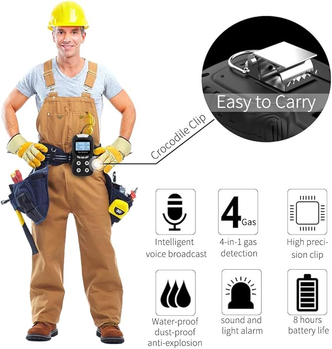 XLA Alert Portable Gas Detector, Gas Clip 4 Gas Monitor Meter Tester Analyzer