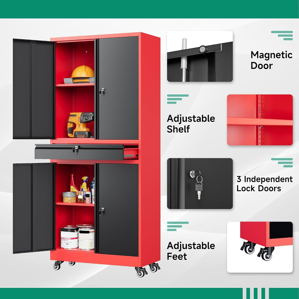 letaya metal garage storage cabinet with wheels,rolling tool showing dimensions