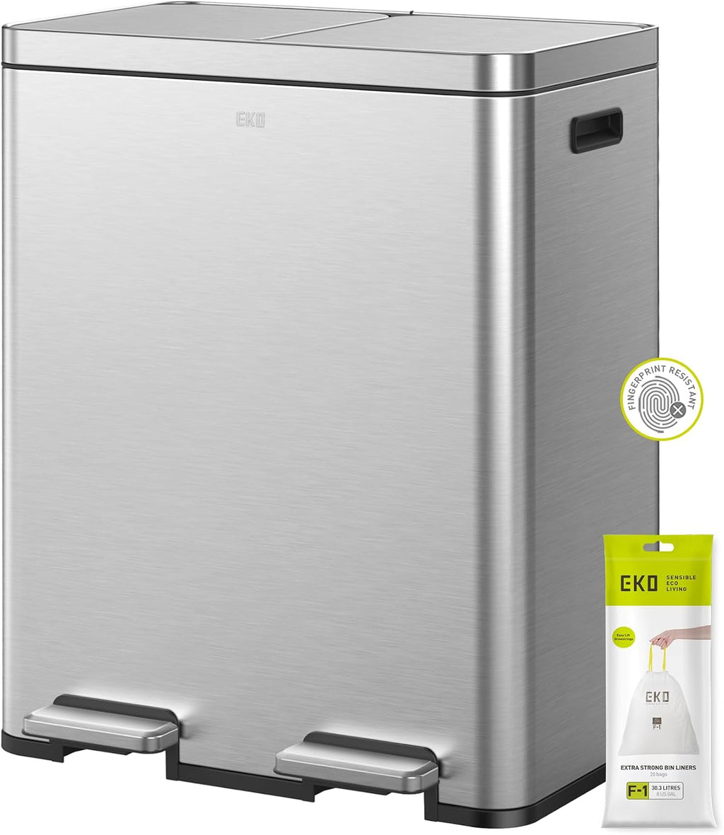 EKO Edison Dual Trash Can for Recycling and Trash, 8+8 Gallons Kitchen Garbage