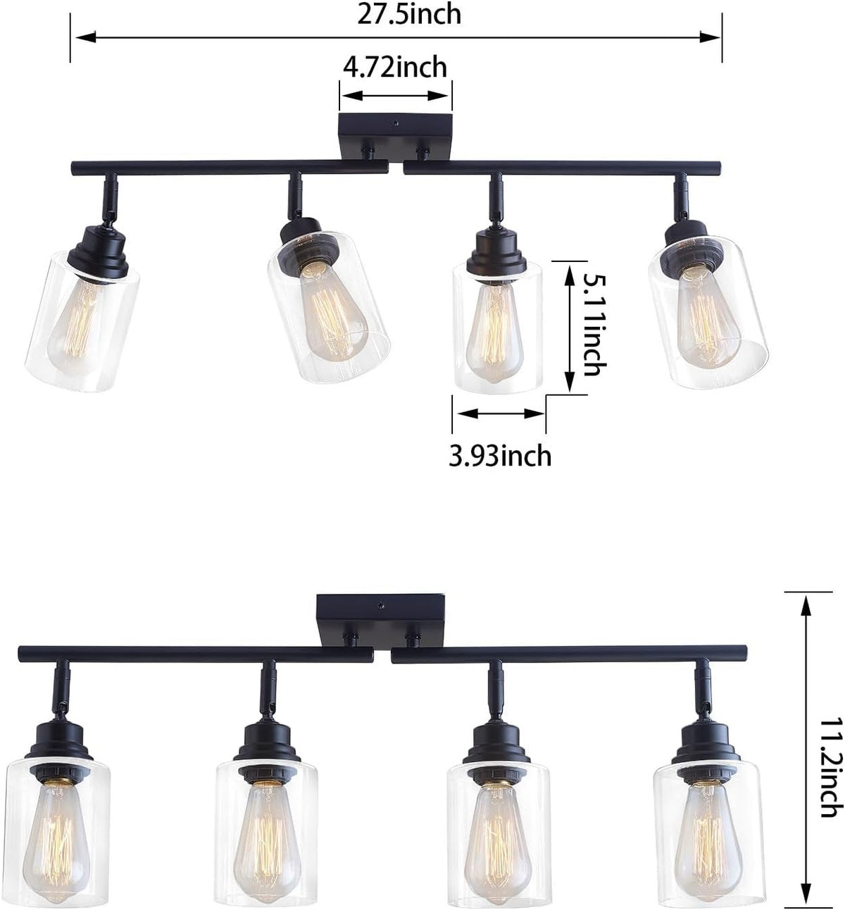4-Light Black Ceiling Track Lighting E26 Clear Glass Light Fixture | Black metal 4 adjustable heads, clear glass semi flush mount E26 track light for kitchen, bathroom, living room