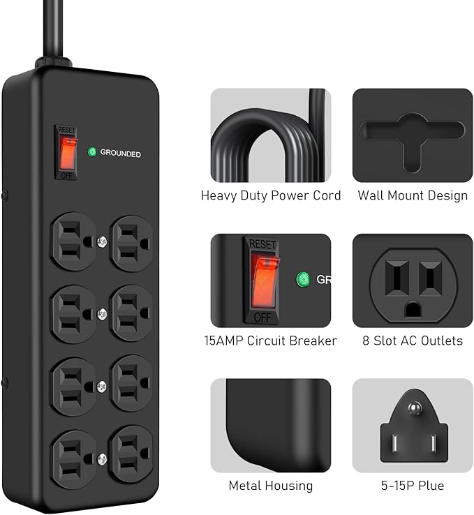 HEZI 8 Outlet Heavy Duty Power Strip, 15Amp Metal Mountable Surge Protector