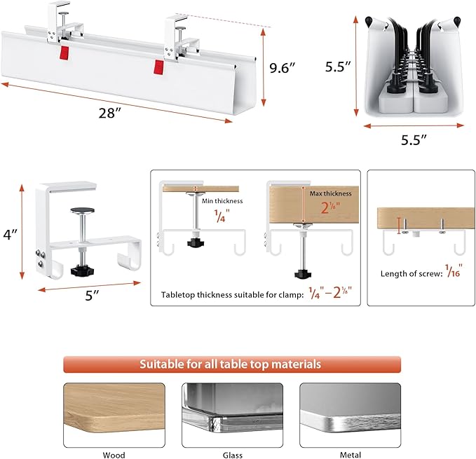 Univivi No Drill Under Desk Cable Management Tray, Clamp/Screw Mount Desk Cable