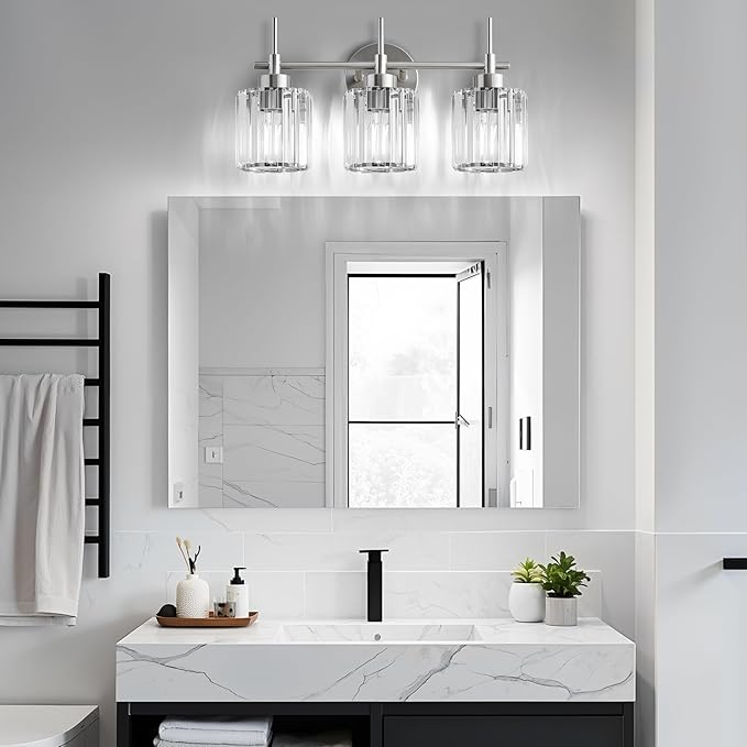EJIAXIN 3 Light Crystal Bathroom Light Fixtures, Brushed Nickel Vanity Mirror