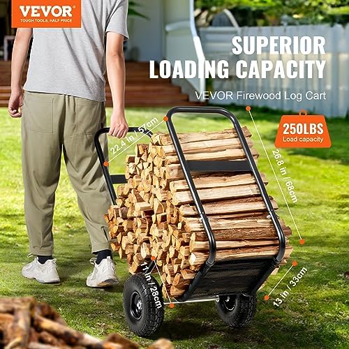VEVOR Firewood Cart, 250 lbs Capacity, Black Heavy Duty Steel Dolly Hauler with PU Wheels & Waterproof Cover, Outdoor and Indoor Wood Rack Storage Mover, Firewood Carrier for Fireplace, Fire Pit