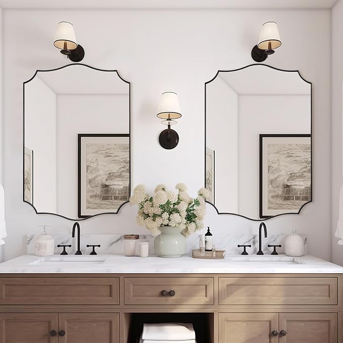 ANDY STAR Matte Black Mirror, 24x36 Inch Scalloped Bathroom Mirror, Unique Wavy