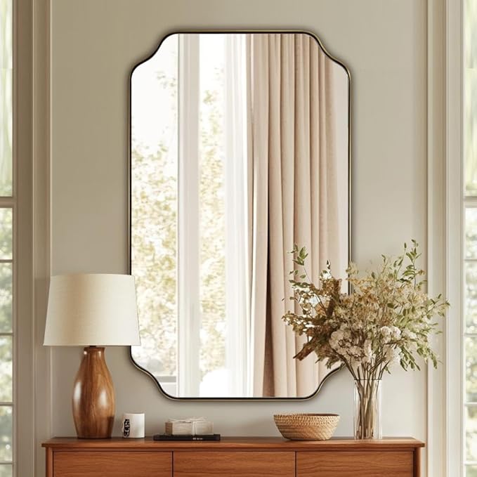 ANDY STAR 24"x40" Gold Mirror, Brushed Brass Scalloped Wall Mirror, Unique