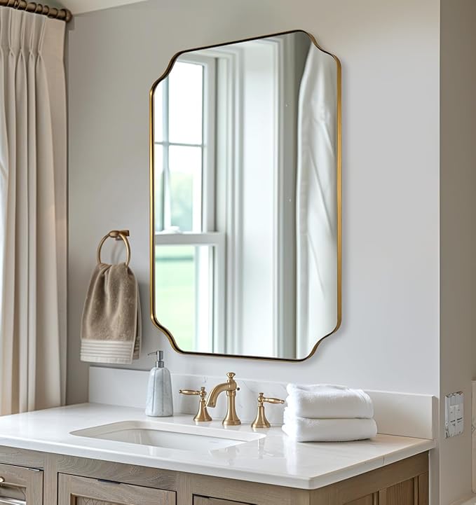 ANDY STAR 26"x38" Gold Mirror, Brushed Brass Scalloped Wall Mirror, Unique