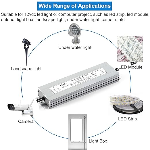 LLTOP LED Driver 100 Watts Waterproof IP67 Power Supply AC100-264V to 12V DC