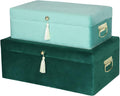 HofferRuffer Velvet Storage Trunks with Wood Frame, Set of 2 Storage Chests with Handles, Bedroom Organizer Nesting Upholstered Decorative Boxes Hinged Lid with Gold Hardware Accents (Green Velvet)