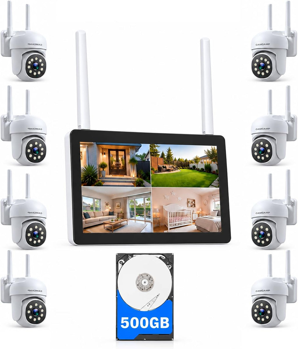 Camcamp Wireless Security Camera System with 10 Inch Monitor, 8 PTZ Cameras