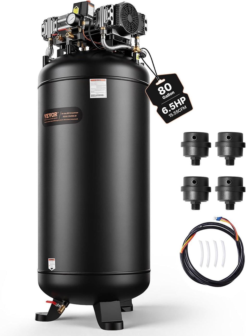 VEVOR 80 Gallon Air Compressor, 145PSI Oil Free Stationary Compressor Tank, 6.5HP 15.5SCFM@90 PSI, Quiet Compressor for Industrial Manufacturing, Workshops (220V/60Hz Single-Phase Power)