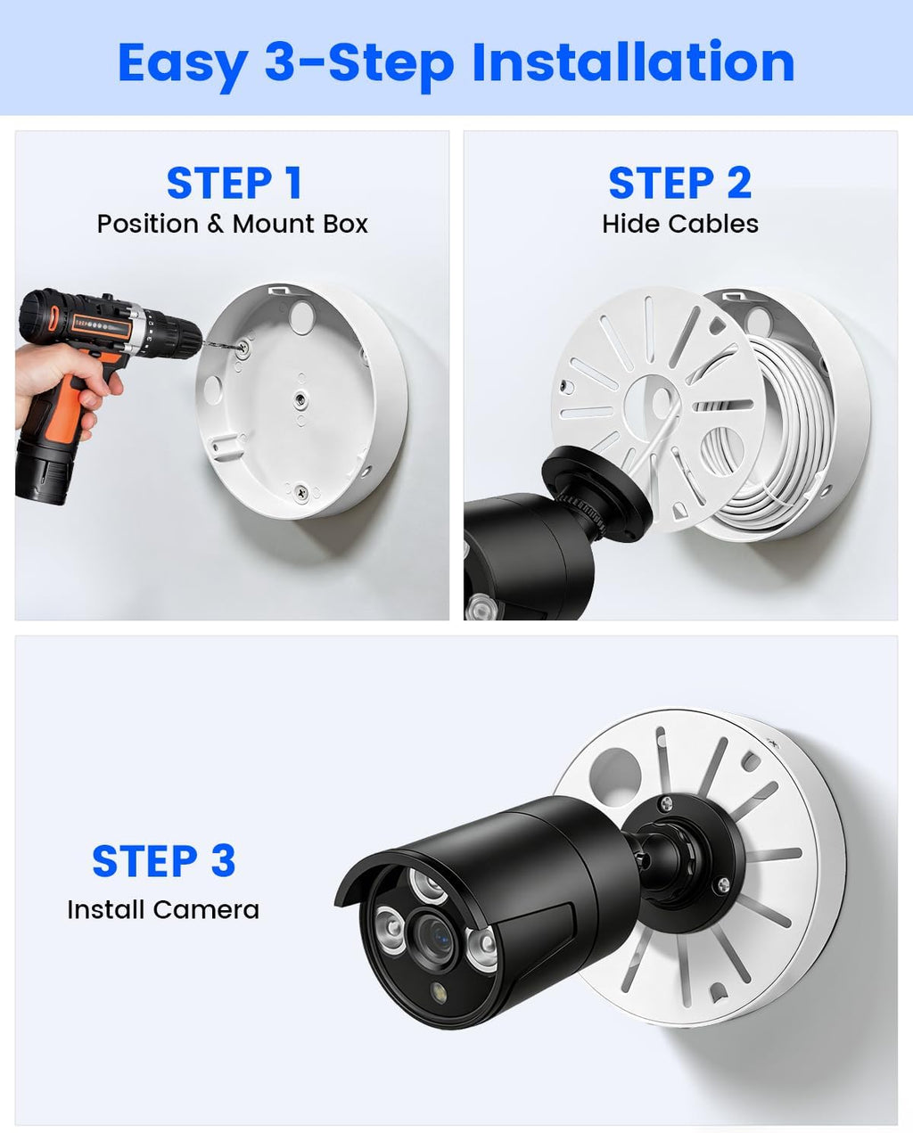 metal security camera junction box, cable concealment base, front angle view