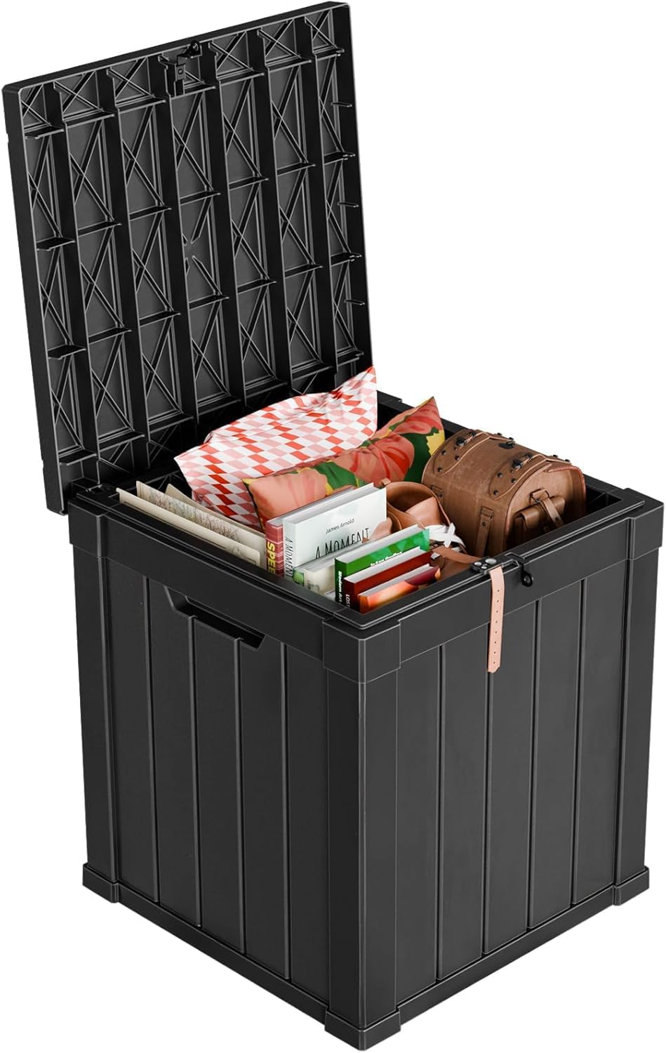 49 Gallon Outdoor Resin Deck Storage Box, Waterproof Patio Bench Container for Garden Pool Backyard, Black Weather Resistant Outdoor Storage Bin with Hydraulic Lid