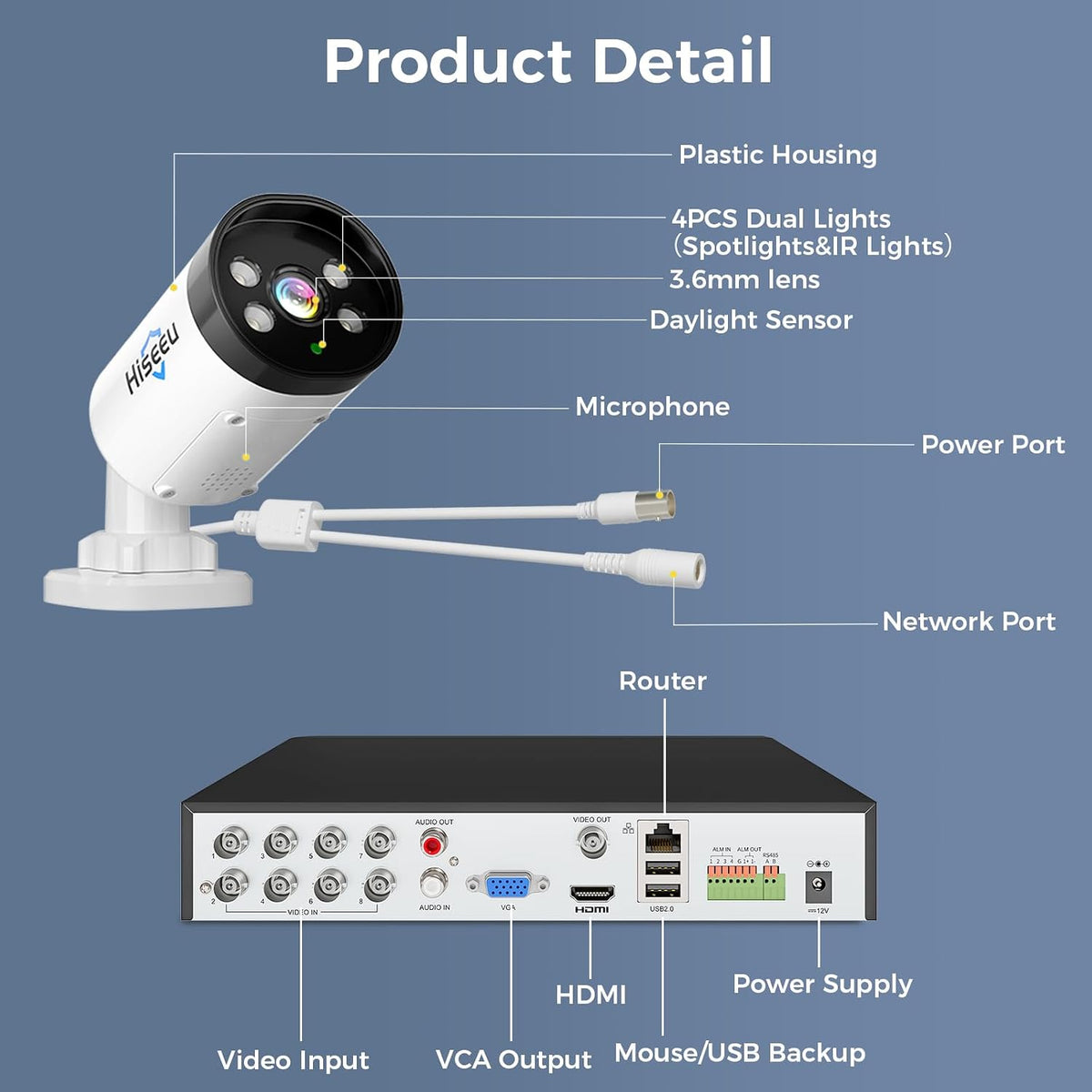 hiseeu 8mp ahd/tvi/cvi/xvi cctv home wired security camera on a desk or shelf