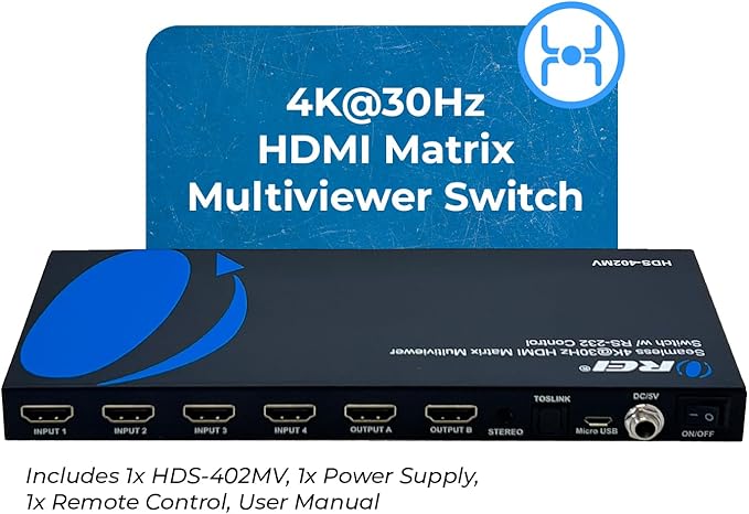 OREI Quad Multi HDMI Viewer 4 in 2 Out, HDMI Matrix Switcher 4 Ports Seamless