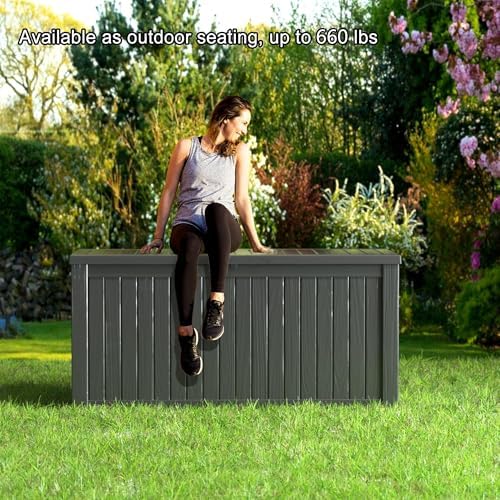 180 Gallon Resin Outdoor Deck Box Waterproof Patio Furniture, Garden Tools, Cushions, Pool Accessories Outside Storage (Black, 180 Gallon)