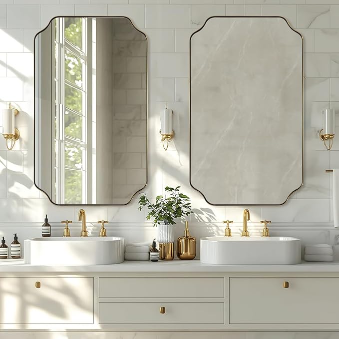 ANDY STAR 24"x40" Gold Mirror, Brushed Brass Scalloped Wall Mirror, Unique