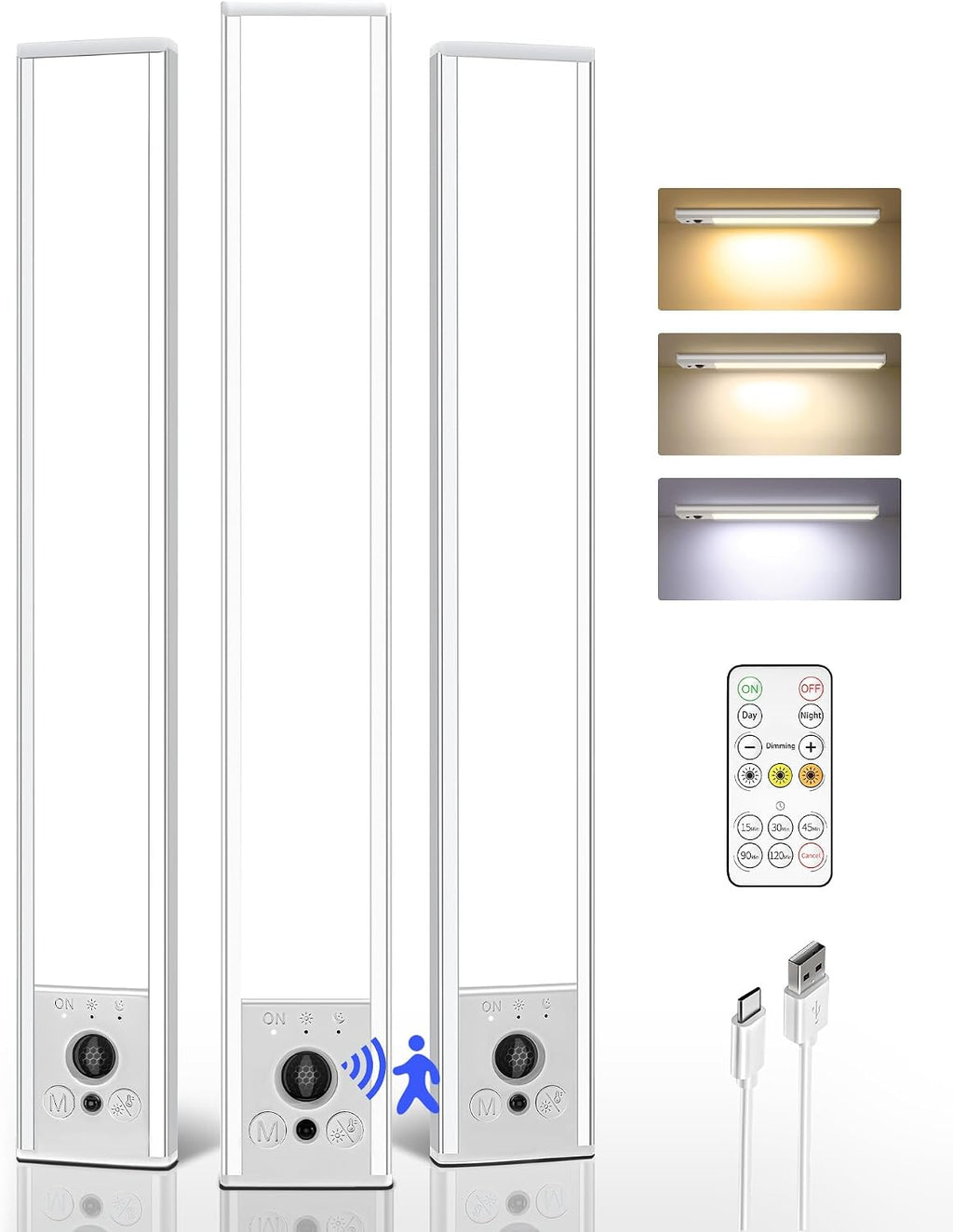 EZVALO 3 Pack Under Cabinet Lighting, 3200mAh Rechargeable Motion Sensor Light