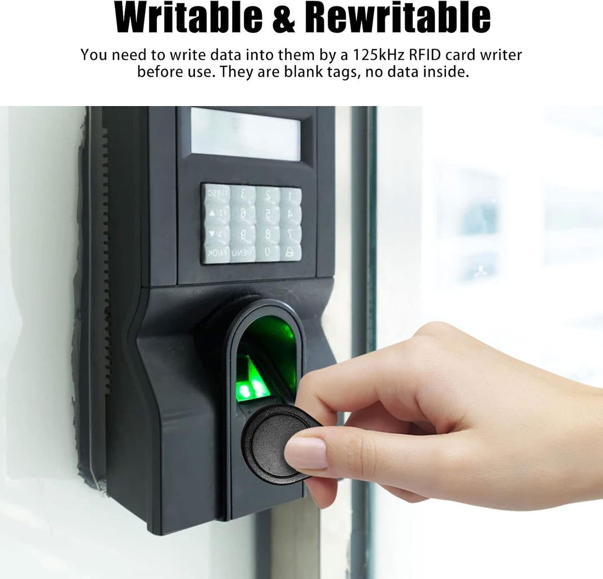 rfid key fobs 125khz 50 pcs, t5577 proximity, front angle view