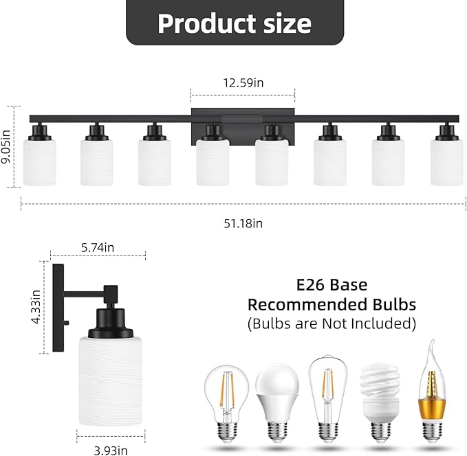 DIKAIDA 8-Light Bathroom Light Fixtures Over Mirror, 52inch Modern Matte Black