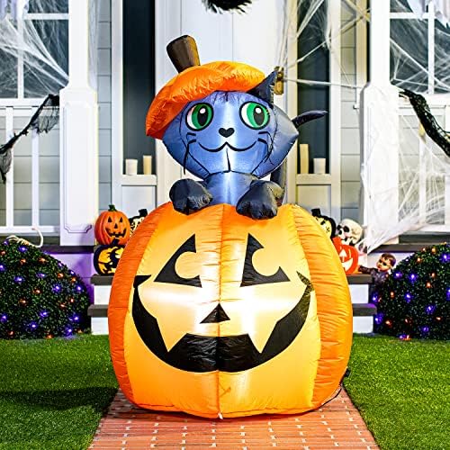 Joiedomi 5 FT Animated Pumpkin Inflatables, Outdoor Blow Up Cat On Pumpkin with LEDs for Yard, Outdoor Inflatable Halloween Decorations, Blow Up Halloween Decor for Outside