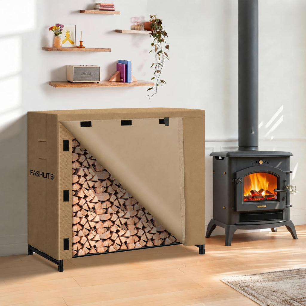 4ft firewood rack cover, waterproof heavy duty 600d shown in use