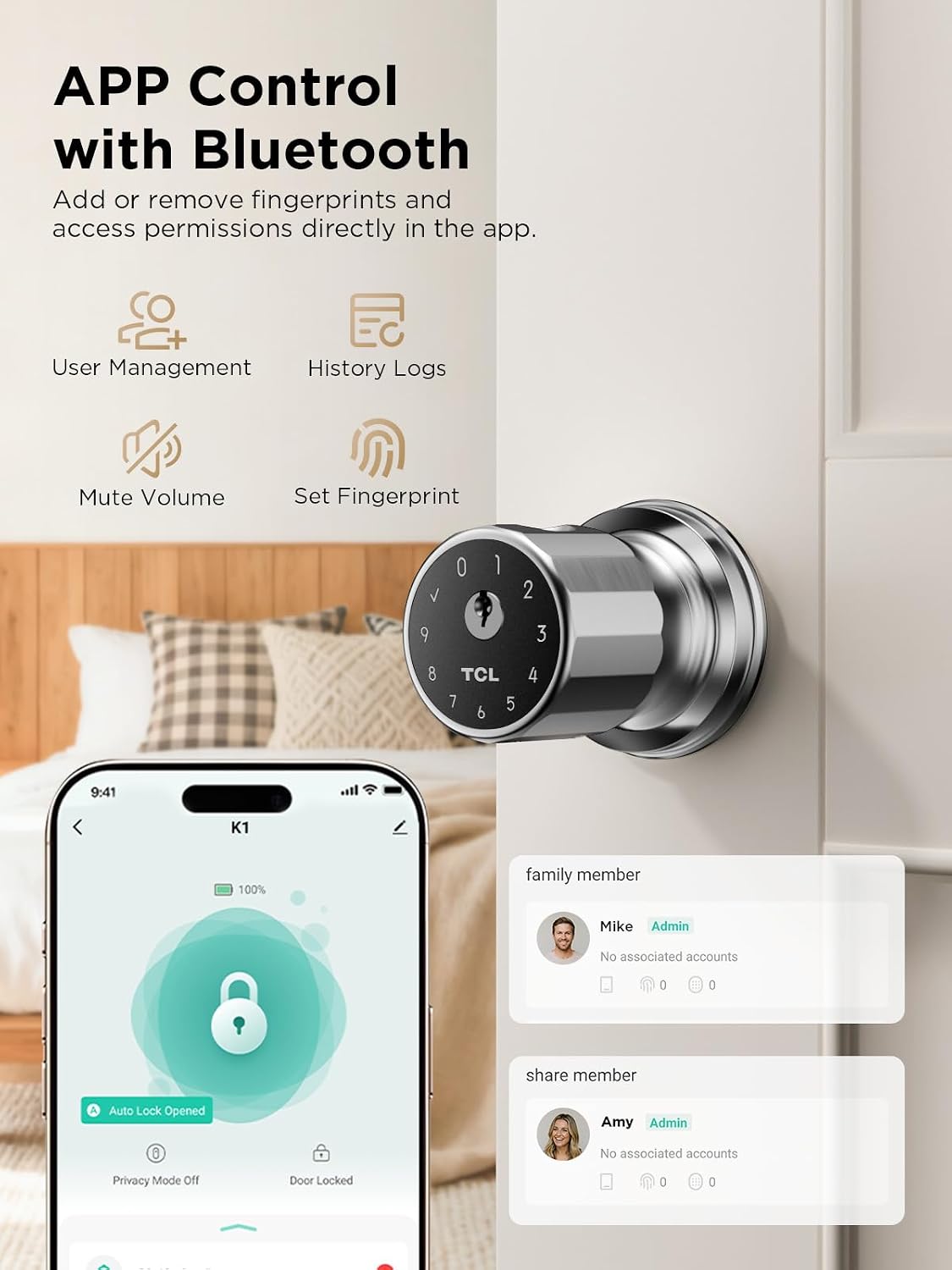TCL K1 Fingerprint Smart Door Knob, 0.3s Biometric Keyless Entry, 4-in-1 Access with App Control & Passcode, Auto-Lock, Anti-Peep Keypad, 100 Fingerprints, for Bedroom Apartment Airbnb