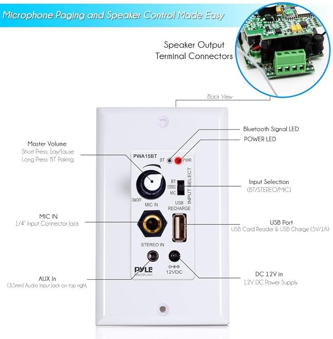 Pyle Wireless BT Receiver Wall Mount - 100W In-Wall Audio Control Receiver w/