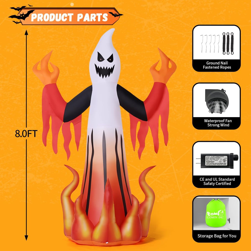 Halloween Inflatables 8FT Scary Ghost with Flames for Outdoor Yard Decor