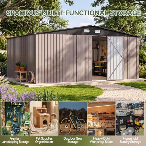 Aoxun 14x12 FT Outdoor Storage Shed with Lockable Double Doors, Brown