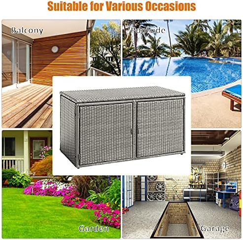 DORTALA 88 Gallon Deck Box Organizer, Wicker Large Indoor Outdoor Storage Container Cabinet for Patio Furniture Cushions Garden Tools, Gray