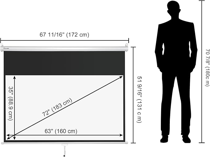 Instahibit 72" 16:9 Manual Pull Down Projector Screen 4K Self-Locking Home