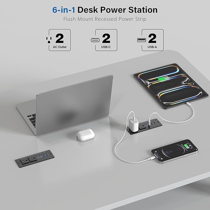 Recessed Power Strip USB C 65W Fast Charging Station, in Drawer Outlet